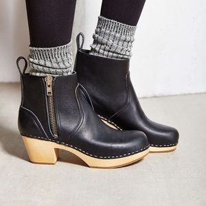 Swedish Hasbeens Black Ankle Boots with Tan Sole